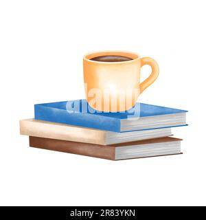 Pila di libri ad acquerello con tazza di caffè sulla parte superiore. Illustrazione ad acquerello disegnata a mano isolata su sfondo bianco. Illustrazione per gli amanti del libro Foto Stock