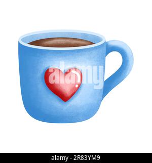 Tazza di caffè blu acquerello con illustrazione a cuore isolata su sfondo bianco. Per la giornata dei padri e delle madri, il giorno delle valentine, il saluto, i poster, ecc. Foto Stock