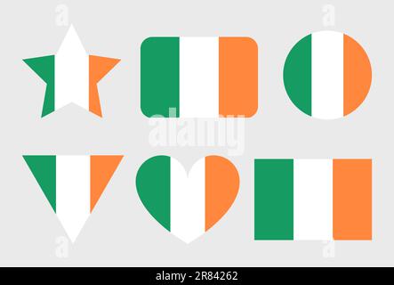 Icone vettoriali con flag in Irlanda impostate a forma di cuore, stella, cerchio e mappa. Illustrazione della bandiera irlandese in diverse forme geometriche. Illustrazione Vettoriale