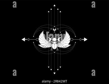 Coleottero alettato e geometria Sacra. Sciab mistico e luna tripla, segno magico di dio e della dea, simboli vettoriali bianchi isolati su sfondo nero Illustrazione Vettoriale