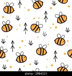 Modello senza cuciture con simpatica ape cartoon. Illustrazione vettoriale su sfondo bianco. Illustrazione Vettoriale