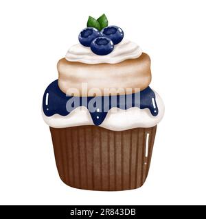 Clip per cupcake ai mirtilli disegnata a mano. Illustrazione del dessert ad acquerello isolata su sfondo bianco. Compleanno,invito,biglietti,saluto,menu,loghi,ann Foto Stock