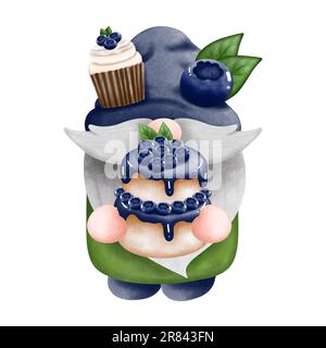Gnoma di mirtillo acquerello con torta di mirtilli e cupcake isolati su sfondo bianco. GNOME Summer Fruit Illustration,invito,compleanno,decoratio Foto Stock