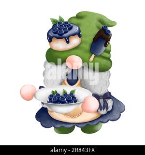 Grazioso gnomo acquerello con mirtilli, torta e gelato. Illustrazione GNOME Summer Fruit isolata su sfondo bianco. Invito, compleanno, dic Foto Stock