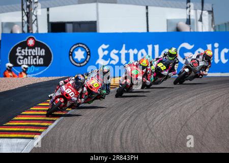 Hohenstein Ernsthal, Germania. 18th giugno, 2023. Gare di MotoGP Liqui Moly Motorrad Grand Prix Deutschland al circuito di Sachsenring. Giugno 18, 2023 in foto: Moto3 gara Carreras del Gran Premio Liqui Moly Motorrad de M7toGP de Alemania en el circuito de Sachsenring, 18 de Junio de 2023 POOL/ MotoGP.com/Cordon le immagini per la stampa saranno solo per uso editoriale. Credito obbligatorio: © motogp.com Credit: CORDON PRESS/Alamy Live News Foto Stock