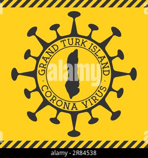 Virus Corona in Grand Turk Island segno. Badge rotondo con forma di virus e mappa Grand Turk. Il bollo giallo dell'epidemia dell'isola. Illustrazione vettoriale Illustrazione Vettoriale