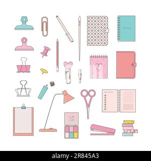 Semplice carino set di cancelleria e forniture per ufficio. Illustrazione vettoriale con accossorice scolastico, notebook, clip. Illustrazione Vettoriale