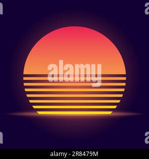 Illustrazione vettoriale del sole retrò in stile 80s. Sfondo futuristico con tramonto. Design trendy per fantascienza, poster cyber astratto, stampa. Illustrazione Vettoriale