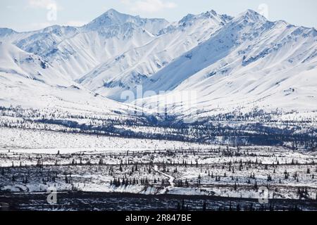 Una piccola strada, coperta di neve, conduce verso le Chugach Mountains da Glenn Highway, Alaska. Foto Stock