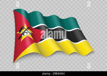 3D agitare realisticamente la bandiera del Mozambico su sfondo trasparente Illustrazione Vettoriale