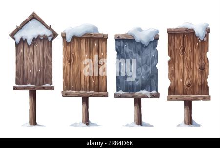 ui imposta l'illustrazione vettoriale di una lavagna di legno per il testo con la neve isolata su sfondo bianco Illustrazione Vettoriale
