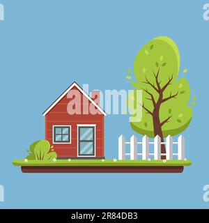 Stagione estiva nel villaggio. Cottage rosso, recinto, albero verde e prato con fiori. Vita di campagna. Illustrazione vettoriale in stile cartoon piatto. Illustrazione Vettoriale
