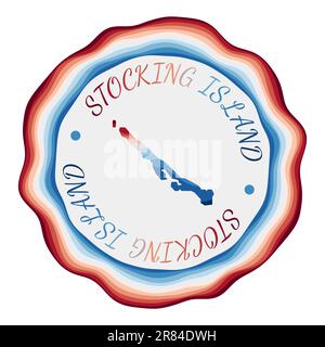 Badge di Stocking Island. Mappa dell'isola con belle onde geometriche e vivace cornice blu rosso. Logo rotondo brillante. Illustrazione vettoriale. Illustrazione Vettoriale