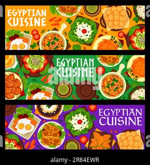 Striscioni di cibo della cucina egiziana. Uova all'aglio, torta di semola e frittelle al miele, budino, insalate con formaggio, fagioli e carote, uova strapazzate con gamberi, torta con pistacchi, omelette di cocco e agnello Illustrazione Vettoriale