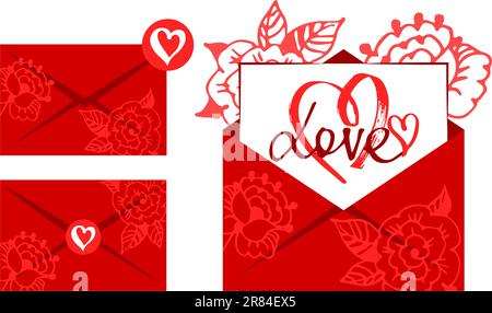 Lettere d'amore con busta. Busta di colore rosso per messaggi di amore, amicizia. Vettore. Illustrazione Vettoriale