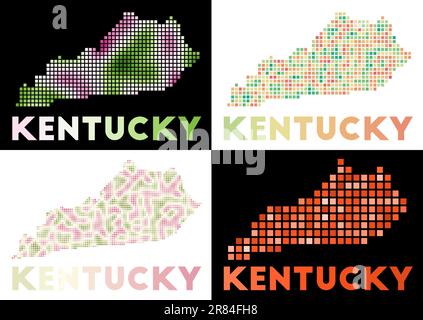 Mappa del Kentucky. Collezione di mappe del Kentucky in stile punteggiato. Bordi dello stato degli Stati Uniti riempiti di rettangoli per il progetto. Illustrazione vettoriale. Illustrazione Vettoriale