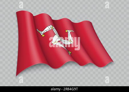 3D Realistic Waving Flag of Isle of Man è una regione del Regno Unito su sfondo trasparente Illustrazione Vettoriale