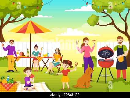 Barbecue e barbecue Set Vector Illustration Bambini grigliare o barbecue Party Food al Park in Festival e cucina estiva Cartoon modelli disegnati a mano Illustrazione Vettoriale