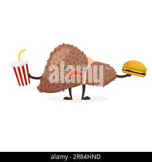 Cartoon triste fegato malato con hamburger e soda. Un organo interno non sano richiede cure o cure mediche. Dolore, malattia. Illustrazione vettoriale. Illustrazione Vettoriale
