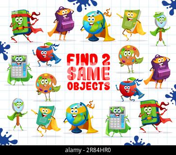 Trova due personaggi supereroi della cancelleria dei cartoni animati. Foglio di lavoro del gioco vettoriale per bambini con materiale didattico per studenti. Astuccio per matita, zaino, globo e tavolozza di vernici, libro di testo, notebook o calcolatrice Illustrazione Vettoriale