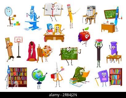 Caratteri di cancelleria della scuola. Set vettoriale per cartoni animati divertente mela, righello, libro di testo e gomma, tavolozza, forbici e bussola, calcolatrice, microscopio e spazzola. Lavagna, astuccio, borsa, vetro Illustrazione Vettoriale