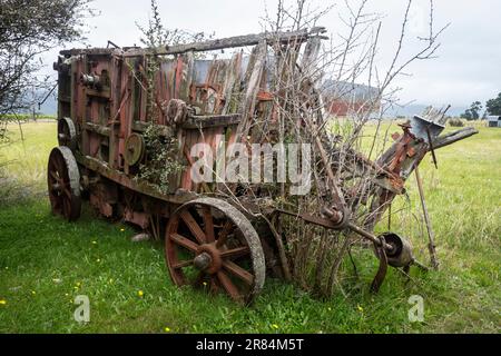 Apparato trebbiante abbandonato a Chaytors Mill, vicino a Blenheim, Marlborough, South Island, Nuova Zelanda Foto Stock