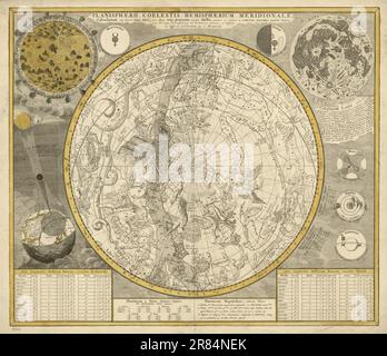 Mappa, vista emisferica con i segni dello Zodiaco e le costellazioni mostrate in figura, come noto nel 1700, grafico Celeste 'Planisphaerii Coelestis' Foto Stock