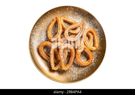 Churros dessert spagnolo con cioccolata calda e piccante. Isolato su sfondo bianco Foto Stock