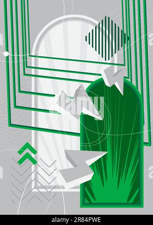 Astratto minimale tema geometrico bianco e verde. Modello forme retrò. Elementi geometrici vintage per poster, banner, copertina. Illustrazione Vettoriale