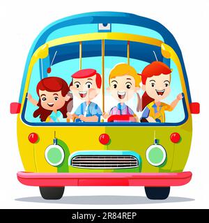 I bambini sorridenti felici che cavalcano su un bus della scuola con un driver. Vista frontale. Illustrazione colorata del vettore del cartone animato piatto isolato su sfondo bianco. Illustrazione Vettoriale