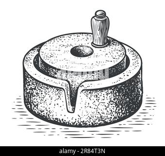 Mola a disco con supporto per manico. Illustrazione del vettore di schizzo disegnato a mano. Trasformazione di semi di cereali in farina per cucinare Illustrazione Vettoriale