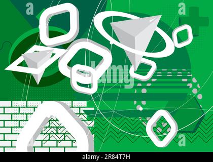 Astratto minimale tema geometrico bianco e verde. Modello forme retrò. Elementi geometrici vintage per poster, banner, copertina. Illustrazione Vettoriale