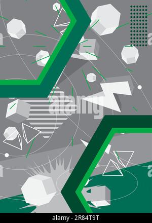 Astratto minimale tema geometrico bianco e verde. Modello forme retrò. Elementi geometrici vintage per poster, banner, copertina. Illustrazione Vettoriale