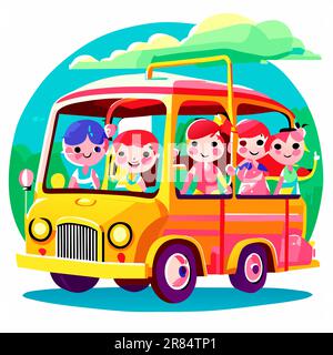 I bambini sorridenti felici che cavalcano su un bus della scuola con un driver. Vista frontale. Illustrazione colorata del vettore del cartone animato piatto isolato su sfondo bianco. Illustrazione Vettoriale