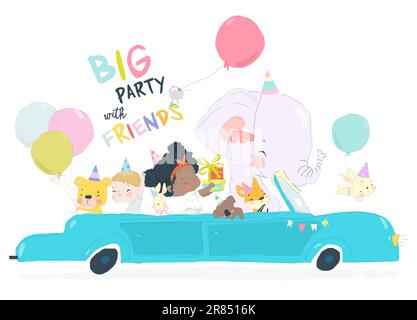 Festa di compleanno biglietto di auguri disegno. Volpe, elefanti, leoni e bambini cavalcano su un'auto e festeggiano il compleanno Illustrazione Vettoriale
