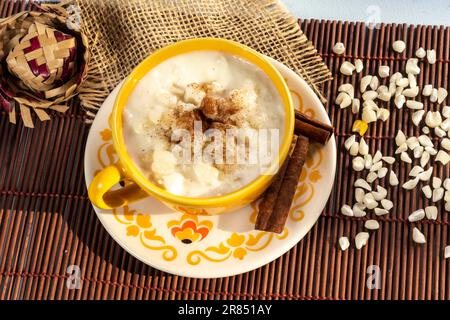 Dolce tipico brasiliano, Canjica. Porridge di mais bianco con cannella e cocco. Consumata nei festeggiamenti di giugno (Festa Junina) Foto Stock