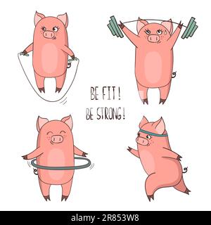 Set di carini maiali cartoni animati coinvolti nello sport. Illustrazione del fitness vettoriale. Illustrazione Vettoriale