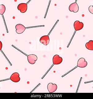 Pattern vettoriale senza cuciture con lollipop a forma di cuore. Illustrazione Vettoriale