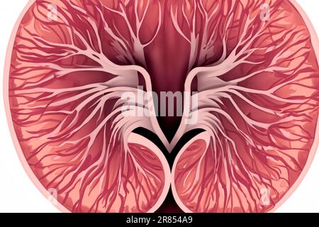 Rene. Sezione trasversale del rene umano. Menschliche Nieren. Concetto medico di pietre del rene umano. Bei reni astratti con concetto di polvere nebulosa Foto Stock