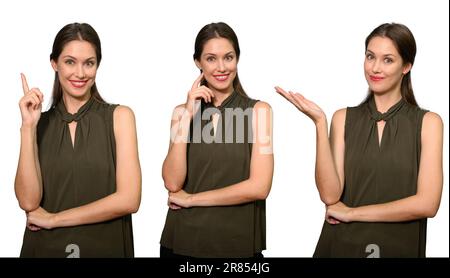 Ritratto di felice donna d'affari in piedi su sfondo bianco studio Foto Stock