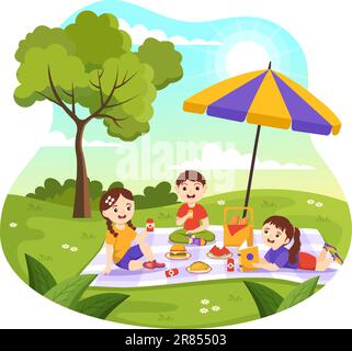 Picnic all'aperto Vector Illustration dei capretti che si siedono su un prato verde nella natura sulle vacanze estive in Cartoon modelli disegnati a mano Illustrazione Vettoriale