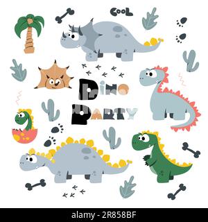 Una grande serie di adorabili disegni di personaggi di dinosauro. Set per l'illustrazione dei bambini. Illustrazione Vettoriale