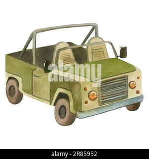 Jeep per l'Africa. Acquerello disegno di un'auto open top per il turismo sulla savana disegnata a mano in acquerello su sfondo bianco. Adatto per printi Foto Stock