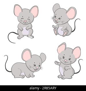 Set di simpatici piccoli mouse cartoon. Raccolta di mouse vettoriali. Illustrazione Vettoriale