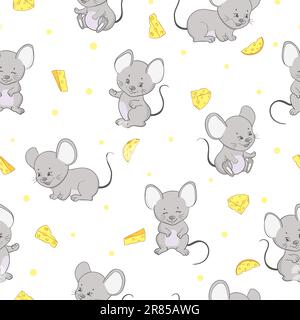 Modello senza cuciture con simpatici topi e formaggio. Sfondo del mouse vettoriale per bambini. Illustrazione Vettoriale