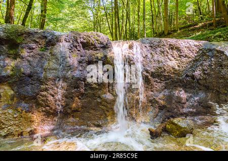 Piccola cascata di un torrente in una giornata di sole estate. Acqua limpida di un ruscello, scorre su una vecchia diga, costruita come controllo torrente. Ambiente rilassante e tranquillo. Foto Stock