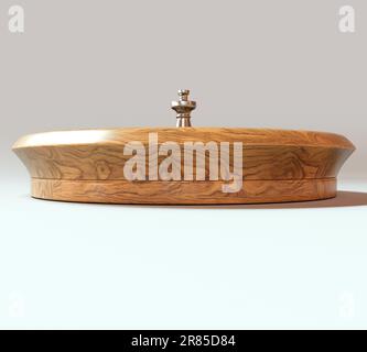 Un primo piano di una moderna ruota della roulette realizzata in legno con pennarelli rossi e neri e dettagli metallici su uno sfondo isolato - rendering 3D Foto Stock