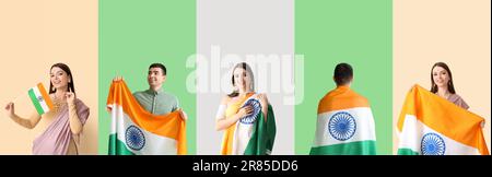 Insieme di persone con bandiere dell'India su sfondo a colori Foto Stock