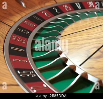 Un primo piano di una moderna ruota della roulette realizzata in legno con pennarelli rossi e neri e dettagli metallici su uno sfondo isolato - rendering 3D Foto Stock