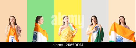 Insieme di persone con bandiere dell'India su sfondo a colori Foto Stock